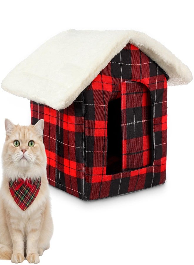 BrightRow 1 Pcs Christmas Cat House Red Plaid Buffalo Cat Bed Cave Winter Warm Waterproof Insulated Pet Dog House with Door Flap for Indoor Outdoor Feral Kitty Puppy - Image 1